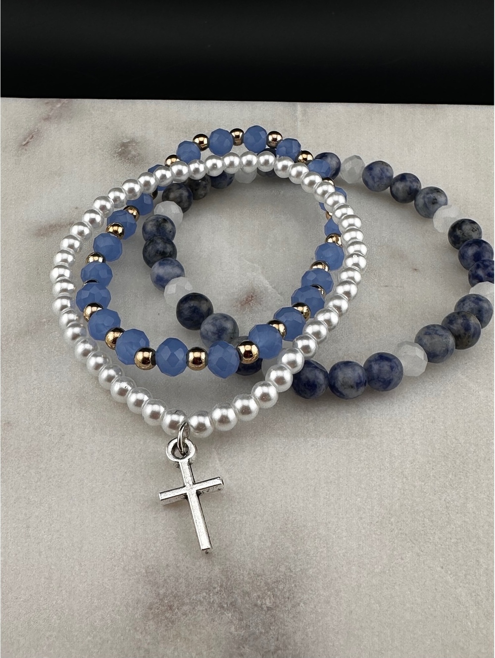 Set of Three Blue and White Beaded Bracelets with Cross Char